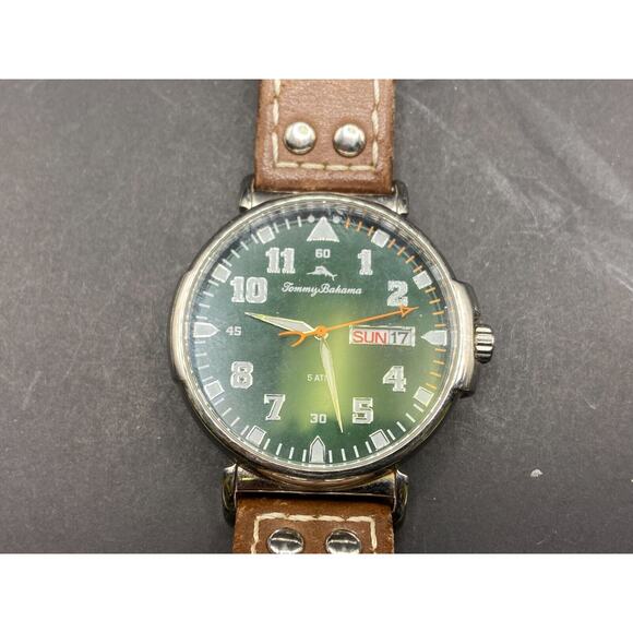 Tommy Bahama 268969SLV Men's Green Analog 5ATM Watch Brown Leather Strap Band - Picture 6 of 10